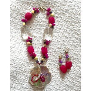 Necklace and Pierced Earring Set Lucite Shell Stone Pink 12”